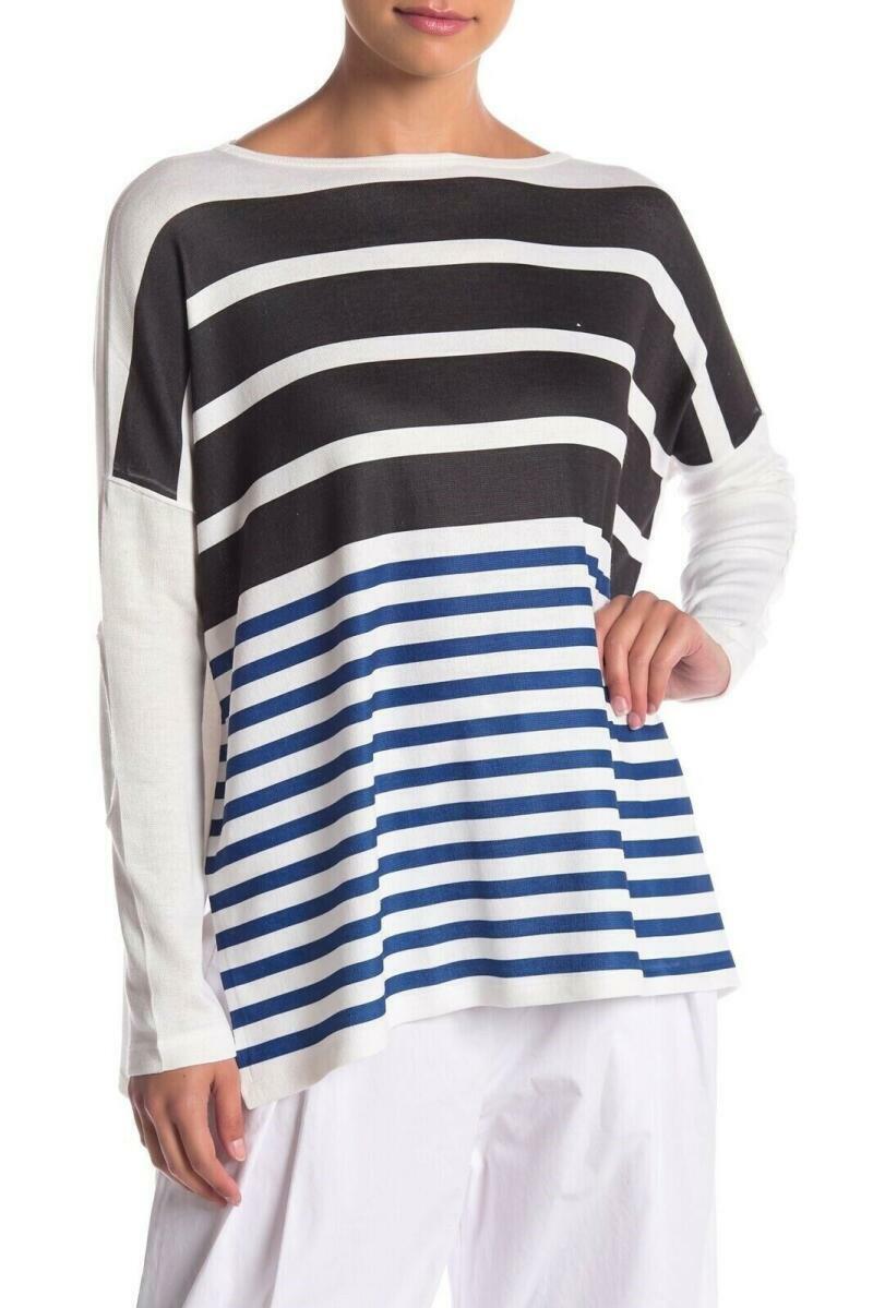 Go Couture Womens M Ivory Blue Brown Stripe Elbow Patch High/Low Sweater USA