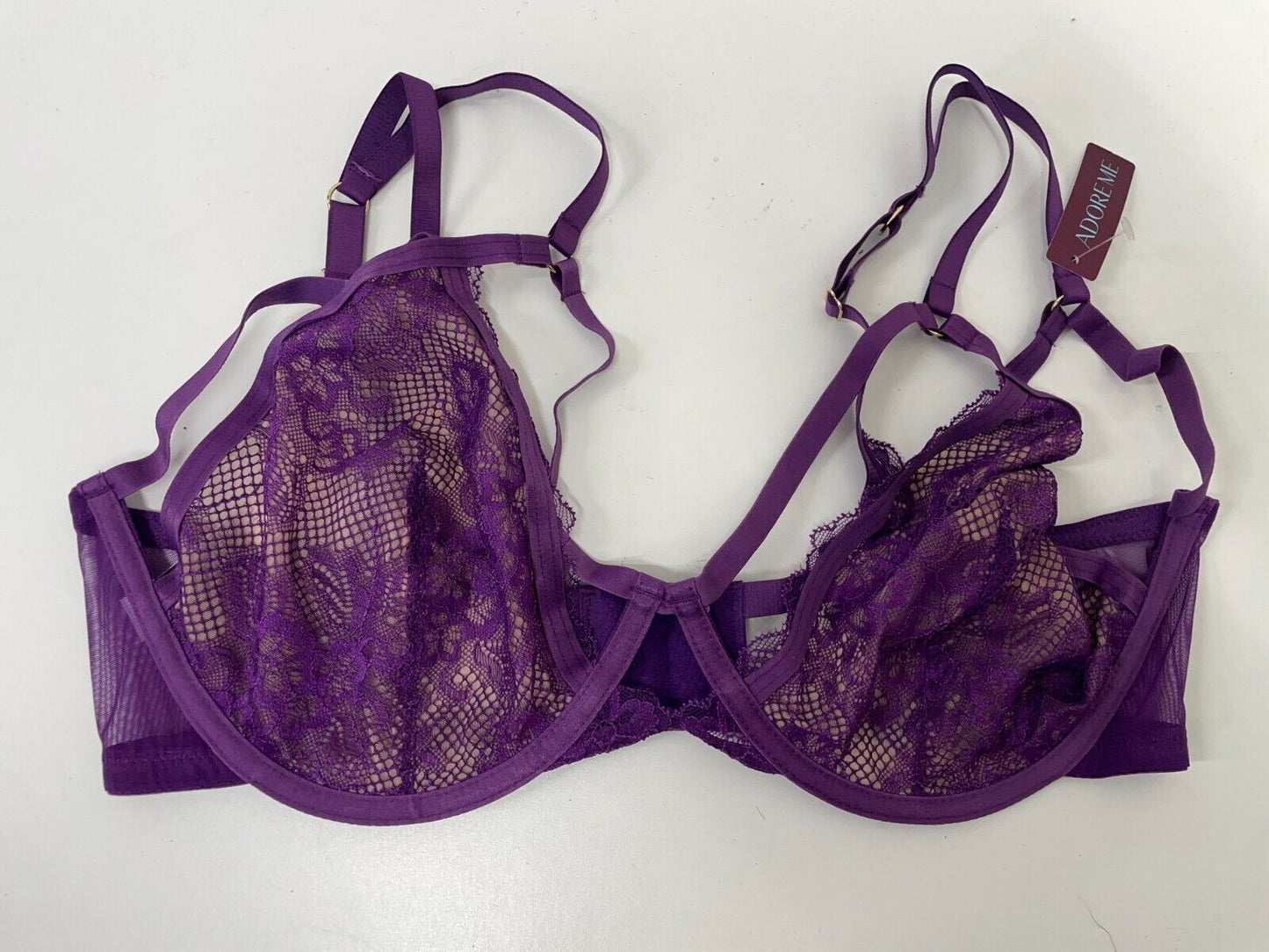 Adore Me Women's 36DDD Vianna Unlined Plunge Bra Plum Purple 10339 Lace Cage NWT