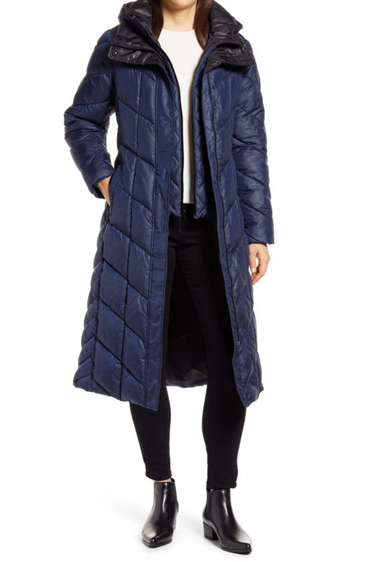 Gallery Womens M Navy Blue Long Hooded Puffer Coat Parka Polyester Fill Quilted