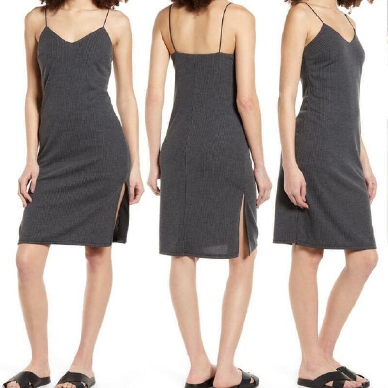 Lira Womens M Gray Black Otis Rib Knit Tank Dress Sleeveless Spaghetti Strap