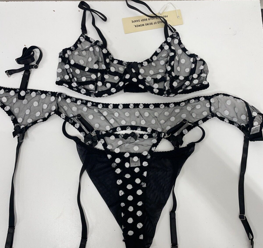 Corset Story Women's S Sheer Mesh Underwire Lingerie Set Black Polka Dot Garter
