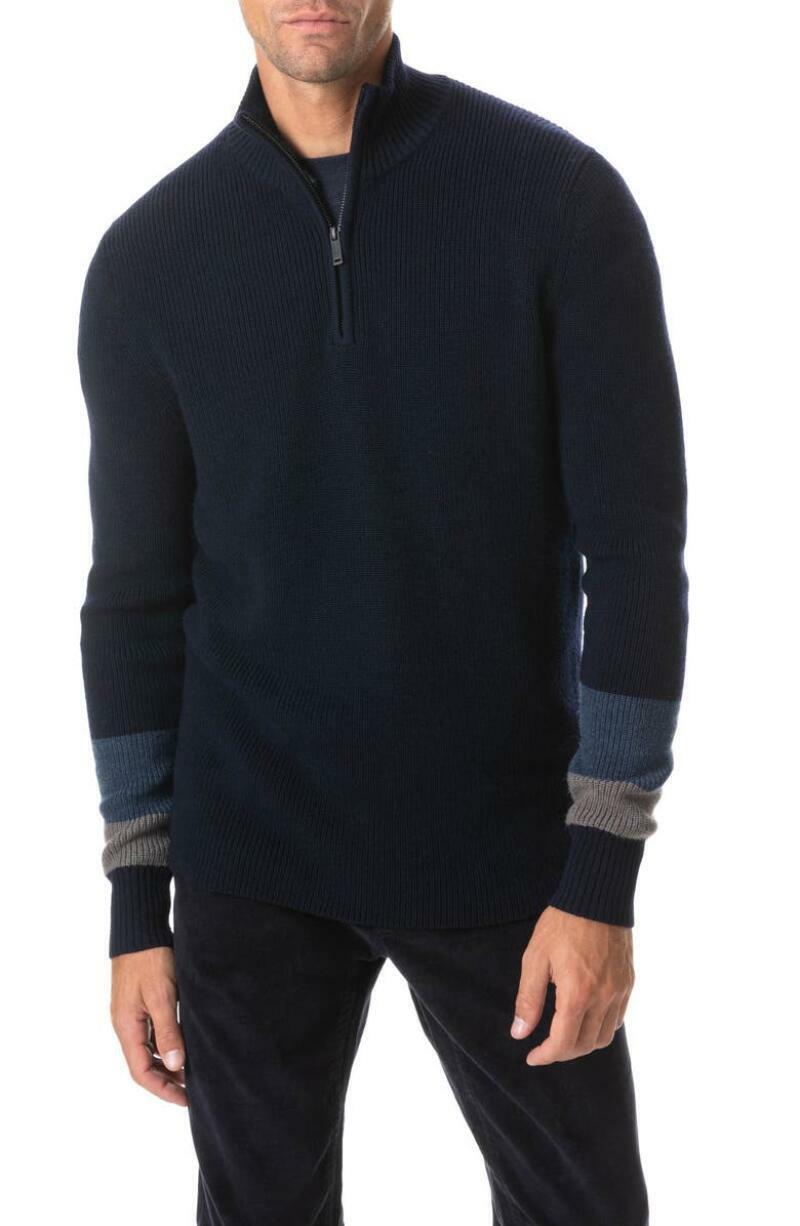 Rodd & Gunn Men S Meremere Quarter Zip Sweater Ribbed Knit Merino Wool Navy