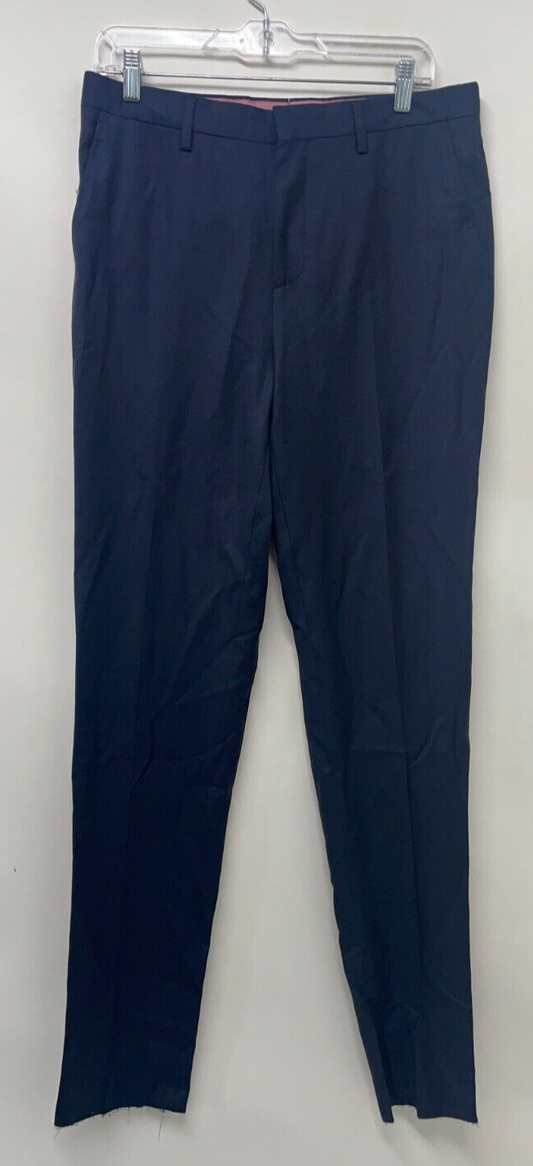 Thomas Pink Mens 34 Trouser Pants Navy Virgin Wool Flat Front Unfinished Raw Hem