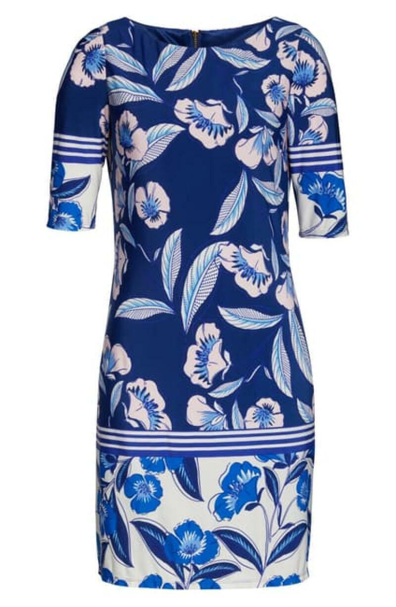 Eliza J 8P Blue Pink Floral Tropical Print Elbow Sleeve Shift Dress