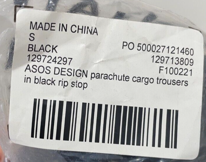 ASOS Design Mens S Parachute Cargo Rip Stop Trouser Black Toggle Waist 129713809