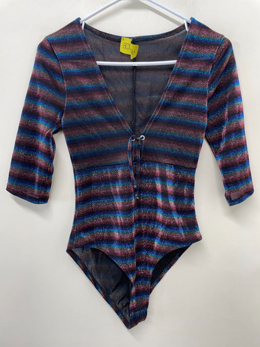 Boodwah Womens Shimmer Rainbow Striped Bodysuit Festival RaveV-Neck Eras Swiftie