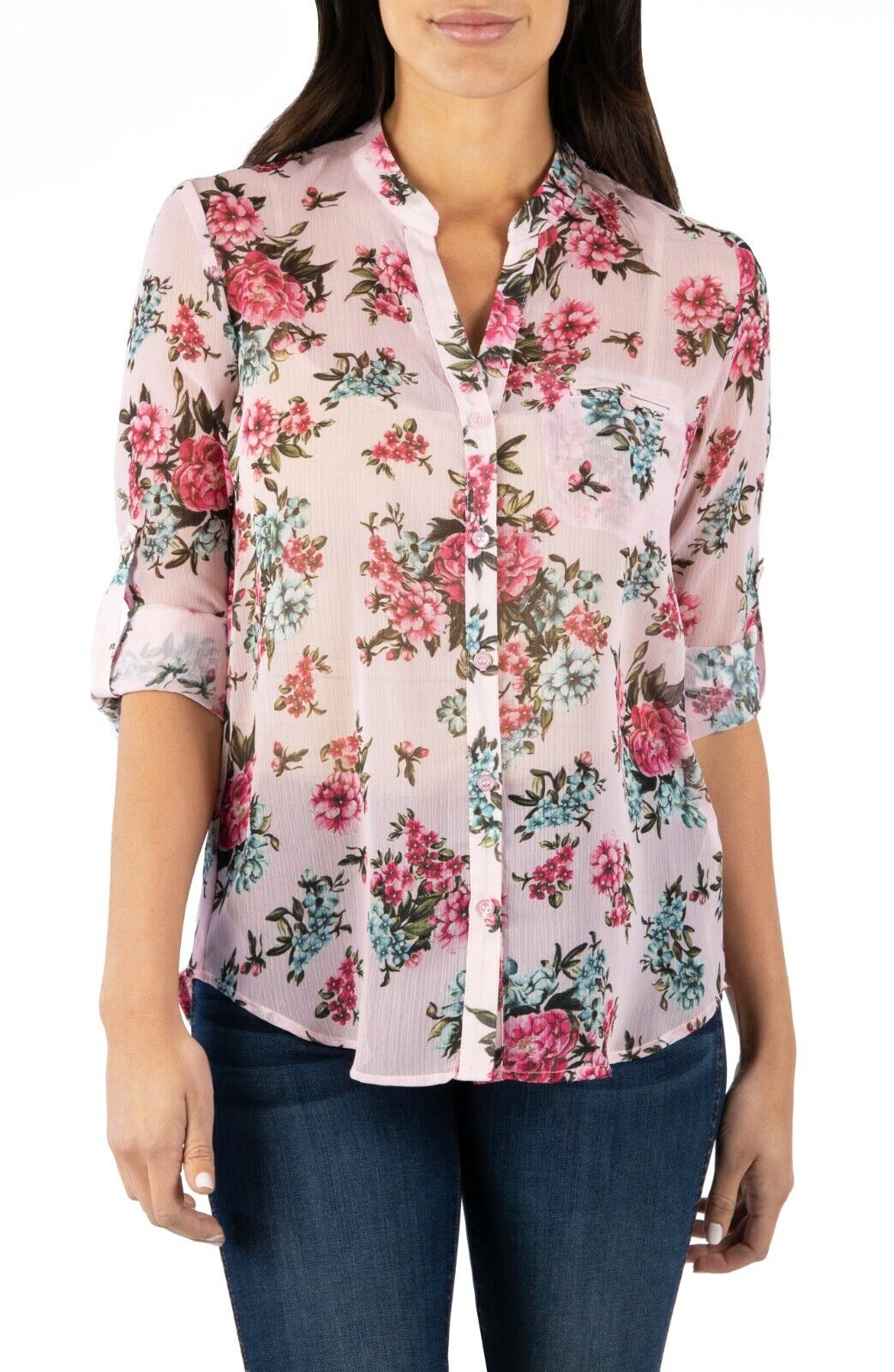 Kut from the Kloth Womens Jasmine Button Down Sheer Top Blouse Shirt Floral