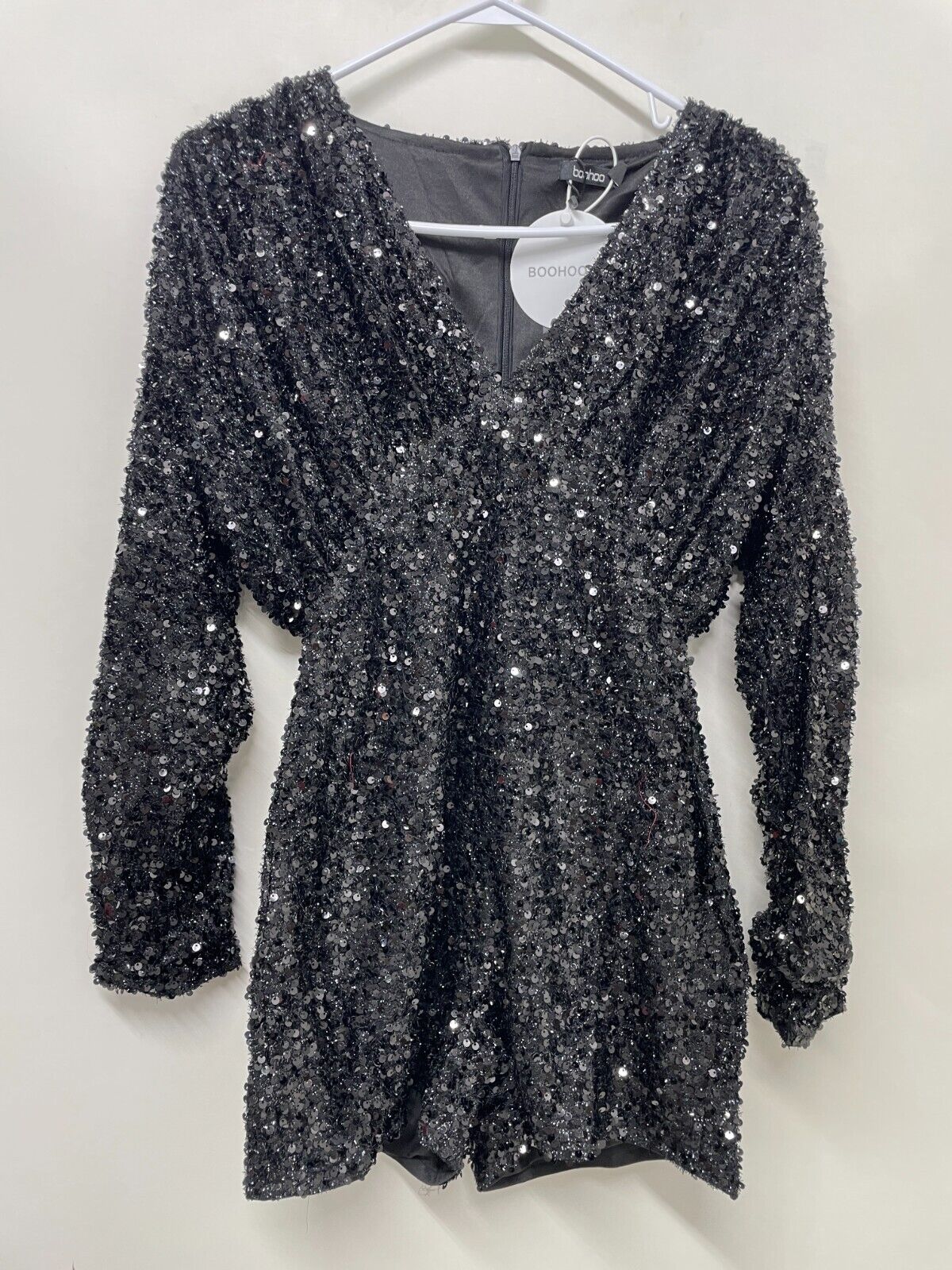 Boohoo Womens 10 Sequin Plunge Extreme Batwing Playsuit Romper Black FZZ33117