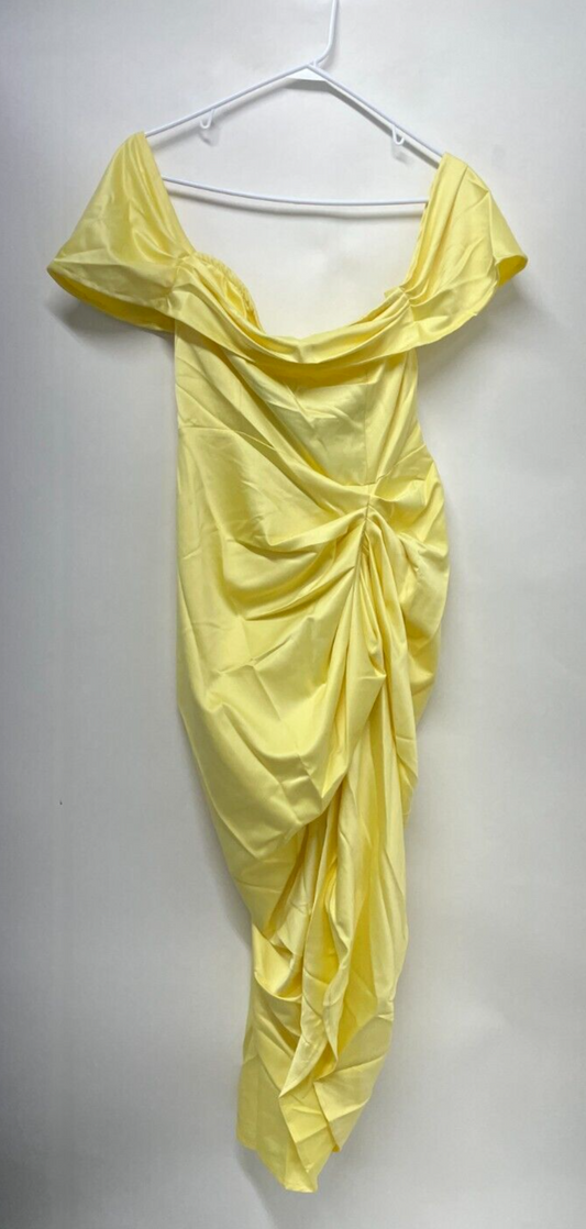 PrettyLittleThing Womens 10 Satin Draped Bardot Midi Dress Yellow Pleats CMS1855