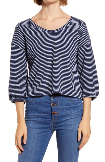 Madewell Womens M Mystique Indigo Navy Stripe V-Neck Bubble-Sleeve Sweatshirt