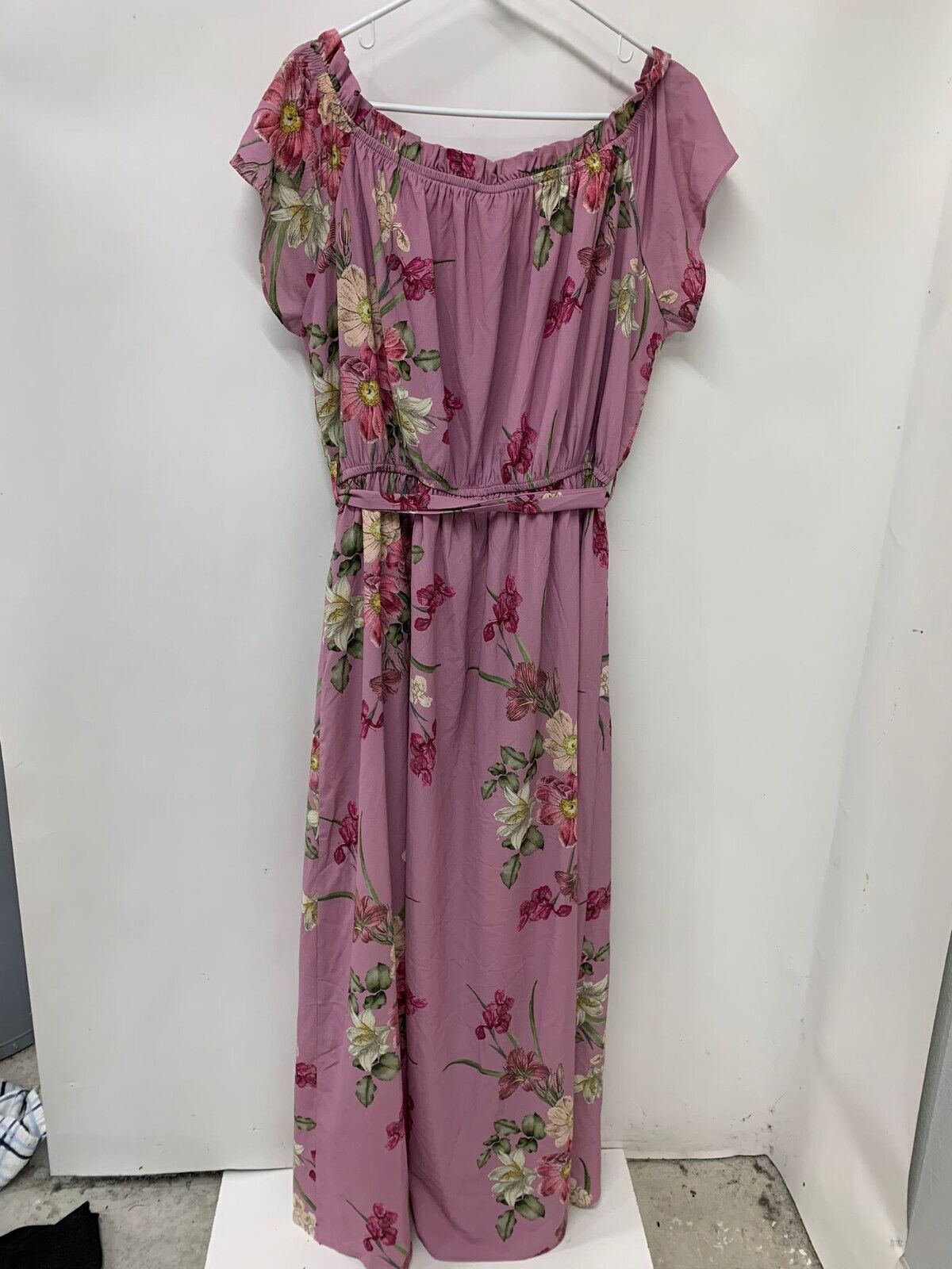 City Chic Womens S/16 Pink Lady Floral Off Shoulder Maxi Dress Belted