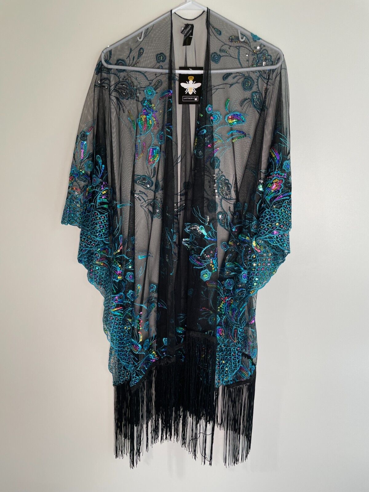 Antthony Women's One Size Embroidered Sequin Sheer Fringe Cover Up Black Caftan