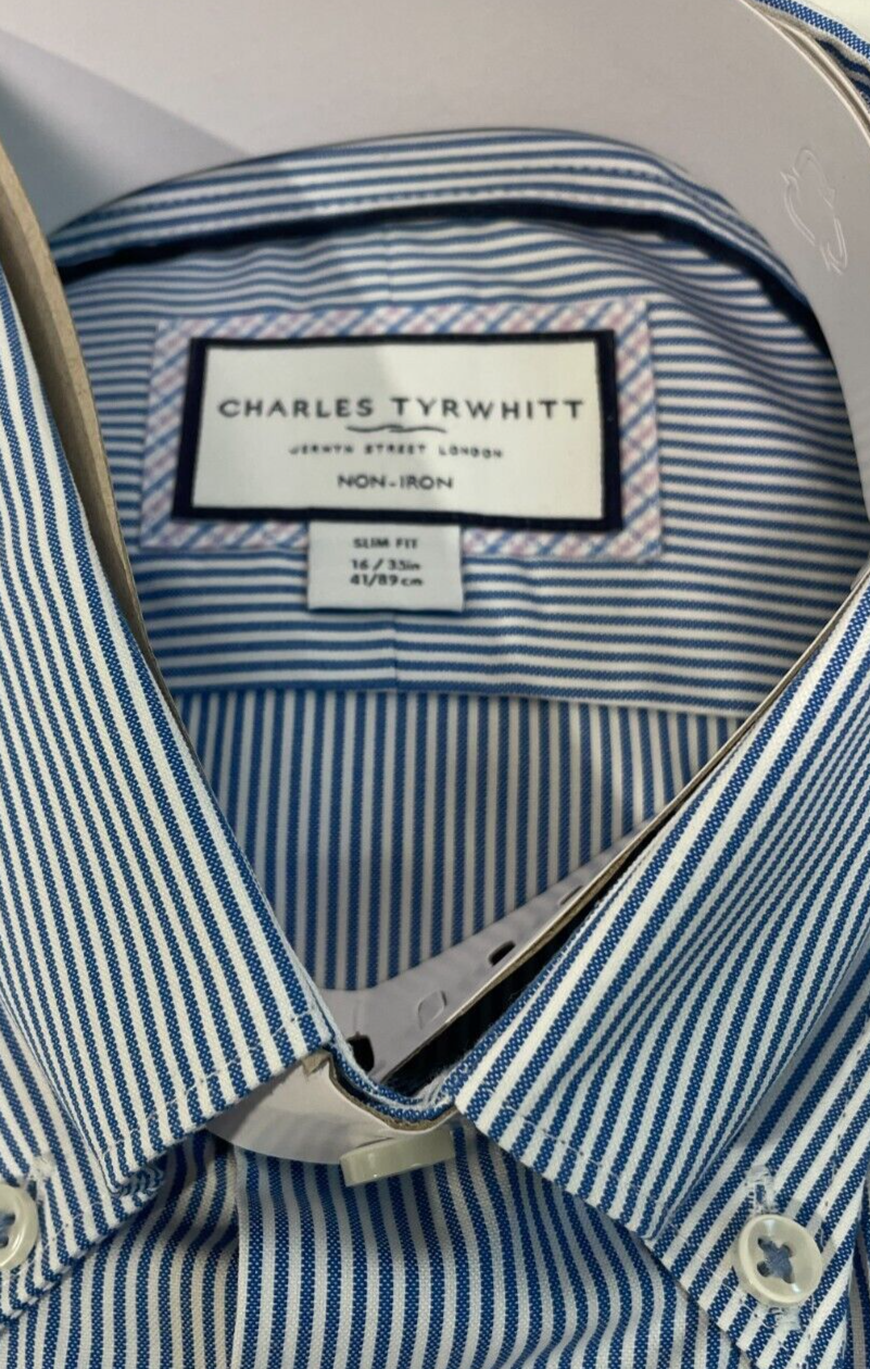 Charles Tyrwhitt Mens 16/35 Slim Fit Blue Stripe Dres Shirt Blue Button Down