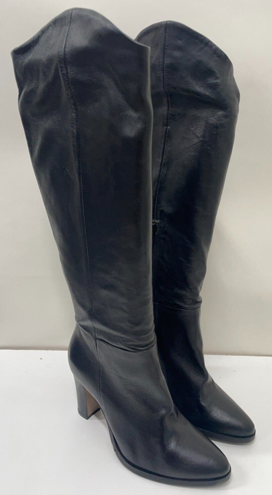 Lea Gu Womens 36 Knee-Length High Boots Black Leather Block Heel Almond Toe