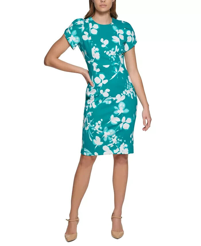 Calvin Klein Womens 12P Petite Printed Tulip-Sleeve Sheath Dress CT2CD1TD Teal