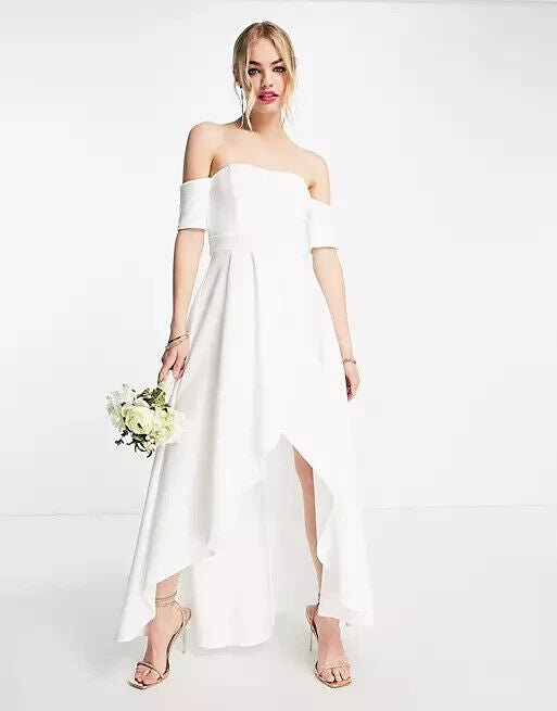 True Violet Women's 4 Off Shoulder High Low Maxi Dress Ivory Wedding Bride NWT