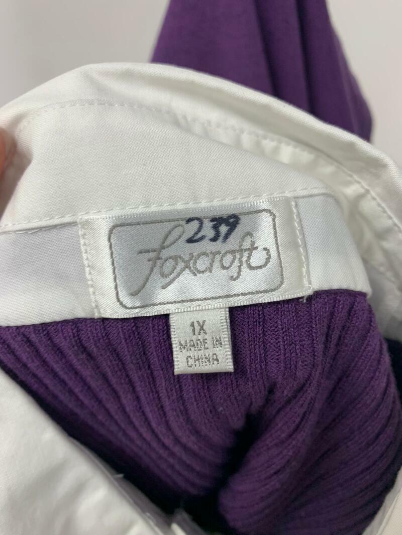 Foxcroft Womens 1X Purple Sweater Button Down Top Pleated Dress Shirt Rib Tunic