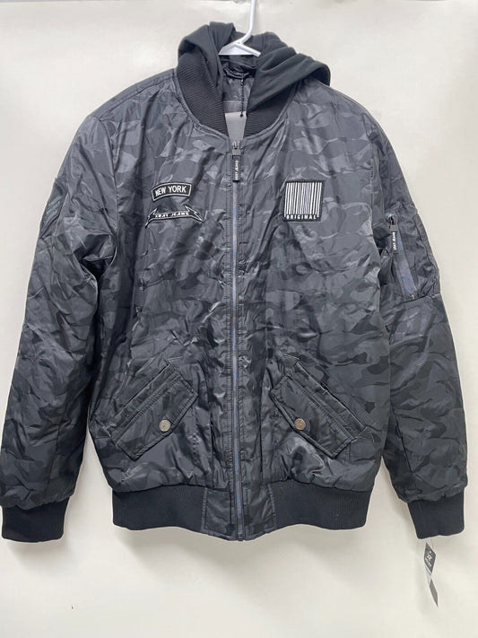 XRAY Jeans Men's L Hooded Flight Jacket Black Camo Removable Hood Full Zip NWT