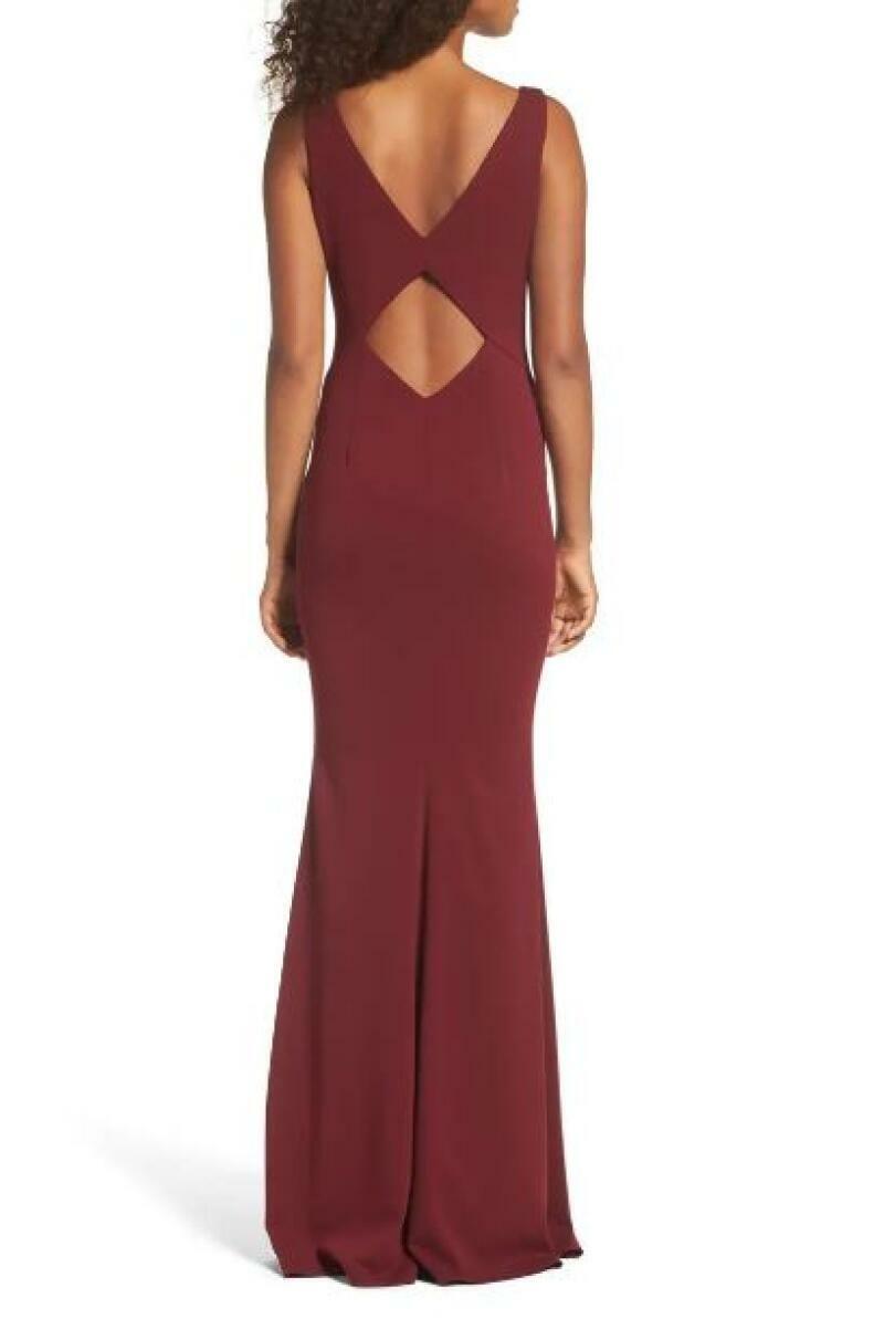 Katie May Womens 20W Deep Red Maroon Mischka V-Neck Crepe Gown Evening Dress
