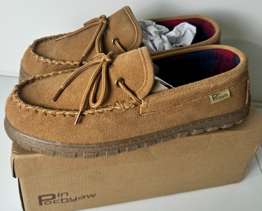 Pinpochyaw Men's 10 Suede Indoor Outdoor Moccasin Slippers Chestnut Brown JH042