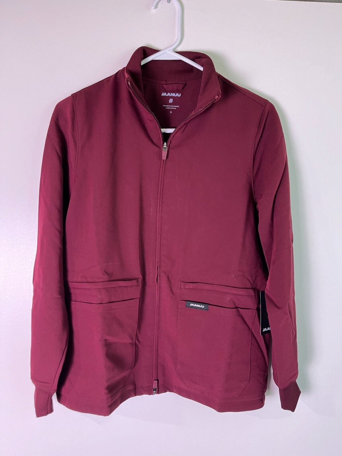JAANUU Women's S Ceri Essential 6-Pocket Full Zip Scrub Jacket Burgundy W60001