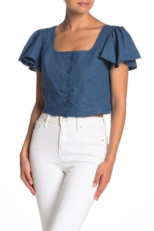 Band of Gypsies Womens L Dusty Blue Vancouver Flutter Sleeve Button Crop Top NWT
