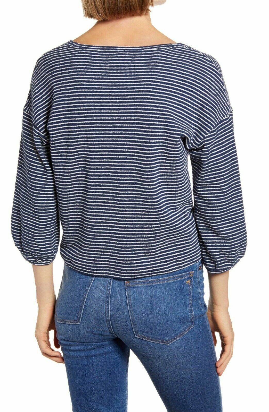 Madewell Womens M Mystique Indigo Navy Stripe V-Neck Bubble-Sleeve Sweatshirt