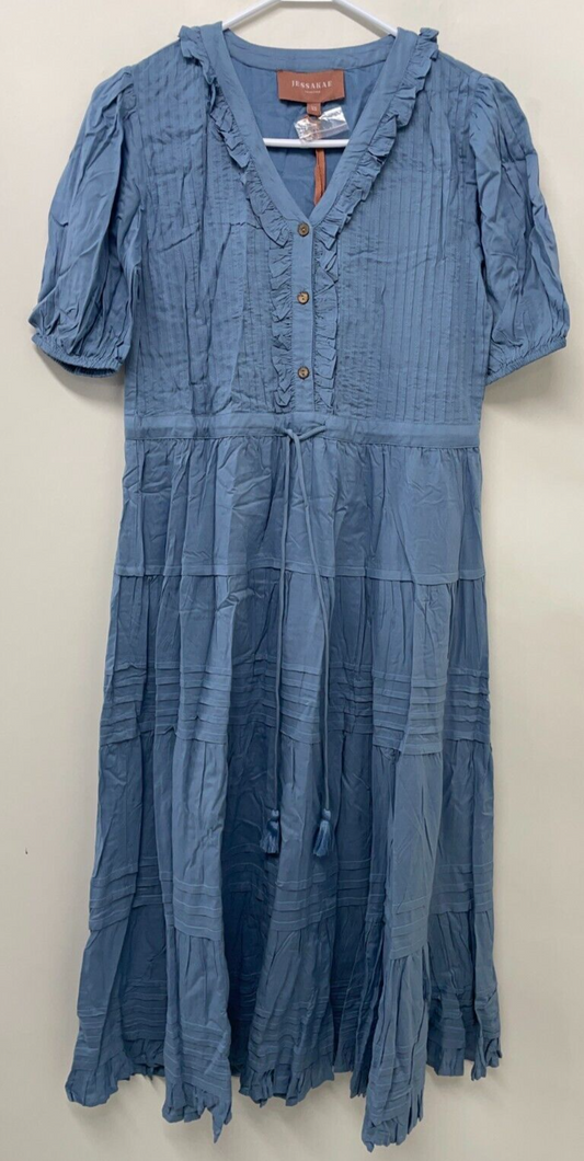 JessaKae Womens XS Heartbreaker Maxi Dress Blue Ruffled Puff Sleeve Cottagecore