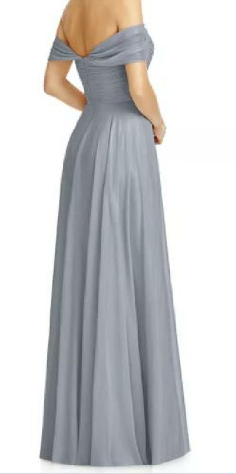 Dessy Collection Womens Platinum Blue 8 Lux Off the Shoulder Chiffon Gown 2970