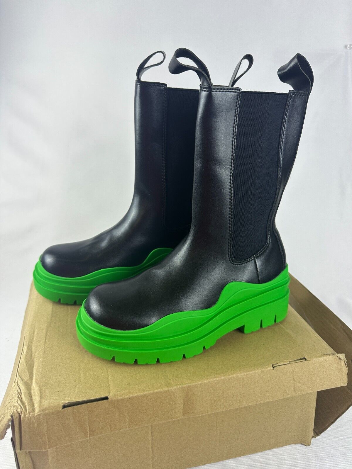 Vertundy Womens 6 Mid Calf Rain Boot Black Green Leather Waterproof 1122