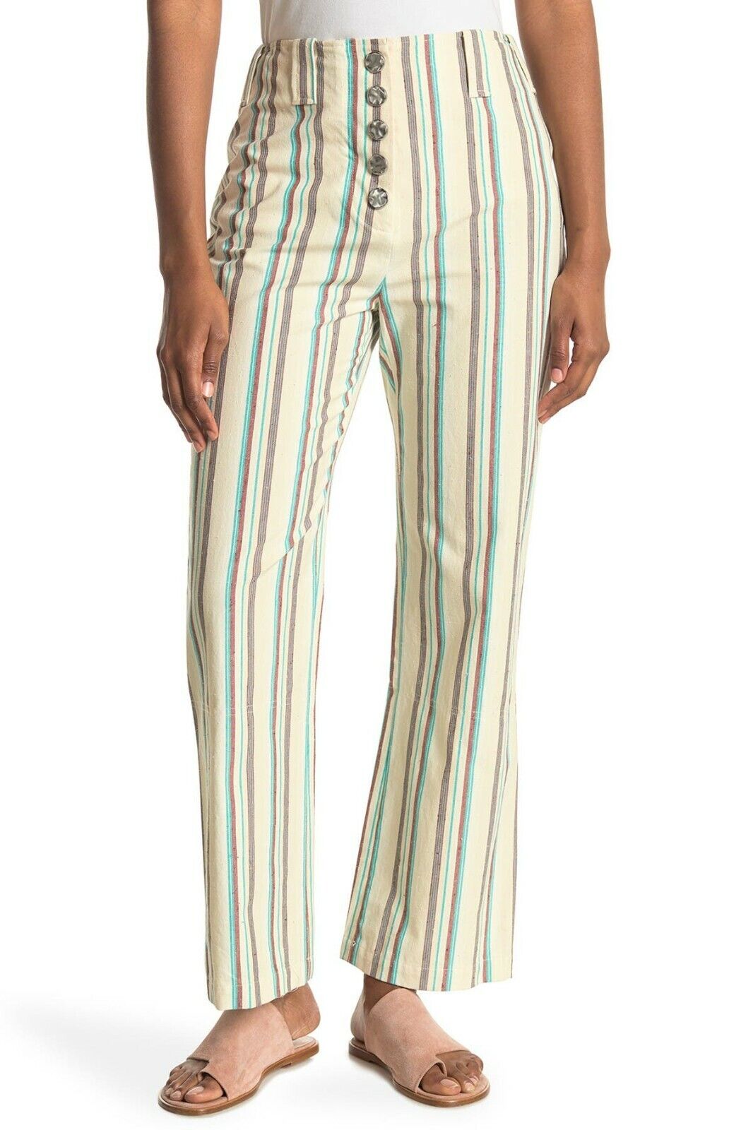 3.1 Phillip Lim Womens Oatmeal Teal Striped High Waist Kick Flare Pants