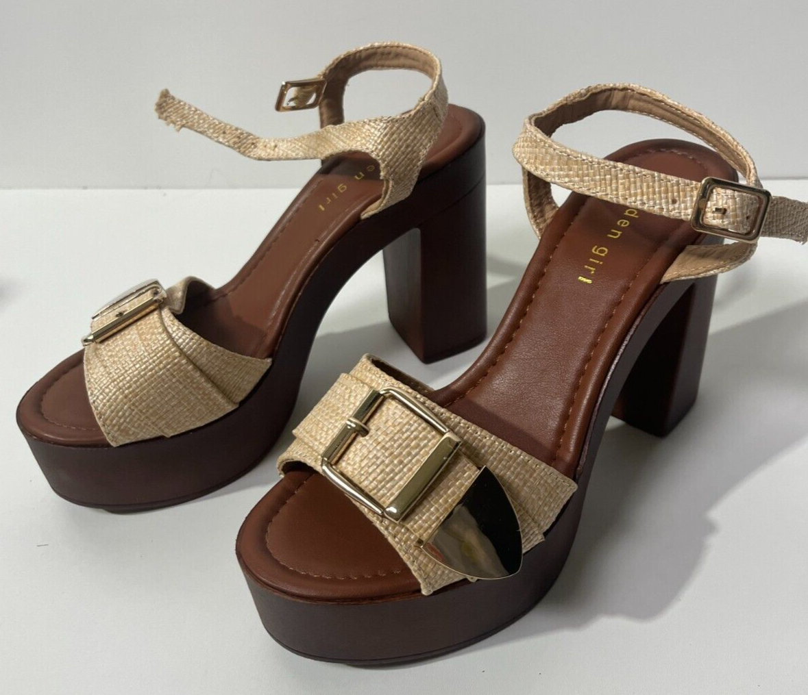 Madden Girl Women's 7 Vivv Buckled Wooden Platform Dress Sandals Natural Raffia