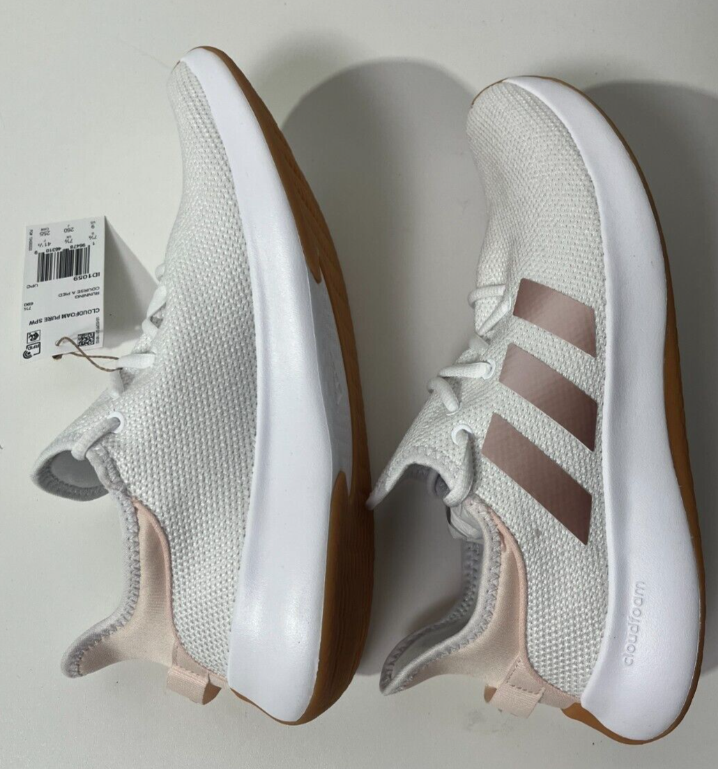 Adidas Women's 9 Cloudfoam Pure White Sandy Pink Metallic Sneaker Shoes ID1059