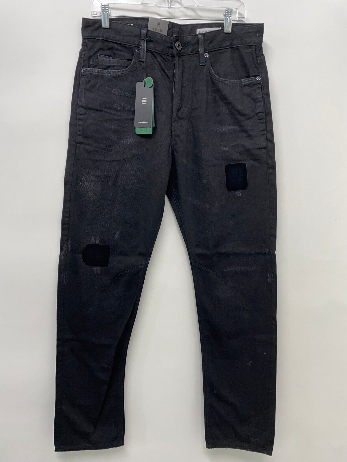 G Star Denim Mens 30x30 A-Staq Tapered Jet Black Rescue Patch Restored Jeans 32