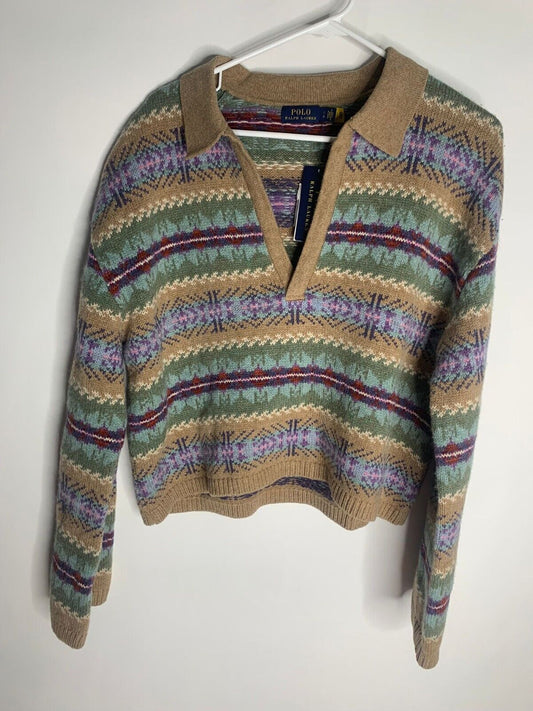 POLO RALPH LAUREN Womens L Fair Isle Wool Blend Polo Pullover Sweater V Neck