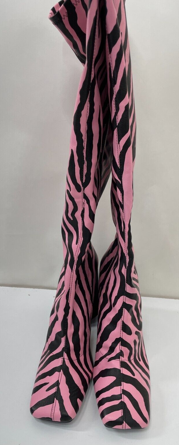 Public Desire Womens 9 Paris Artiste Zebra Print Peggy Heeled Knee Boots Pink