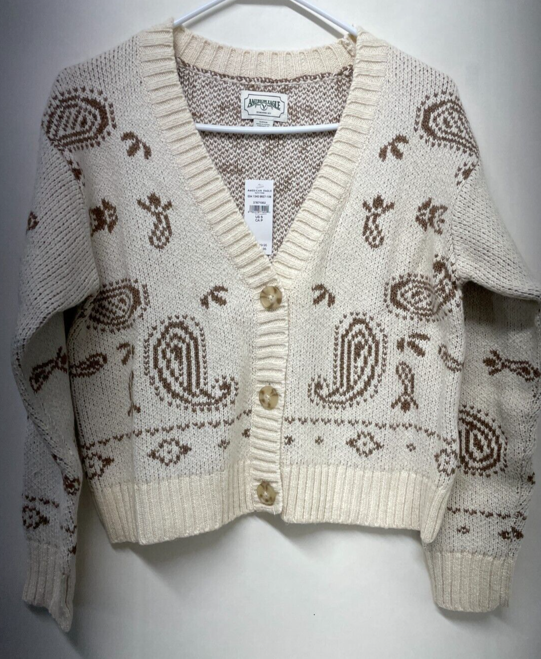 American Eagle Womens S Cropped Bandana Print Cardigan Cream