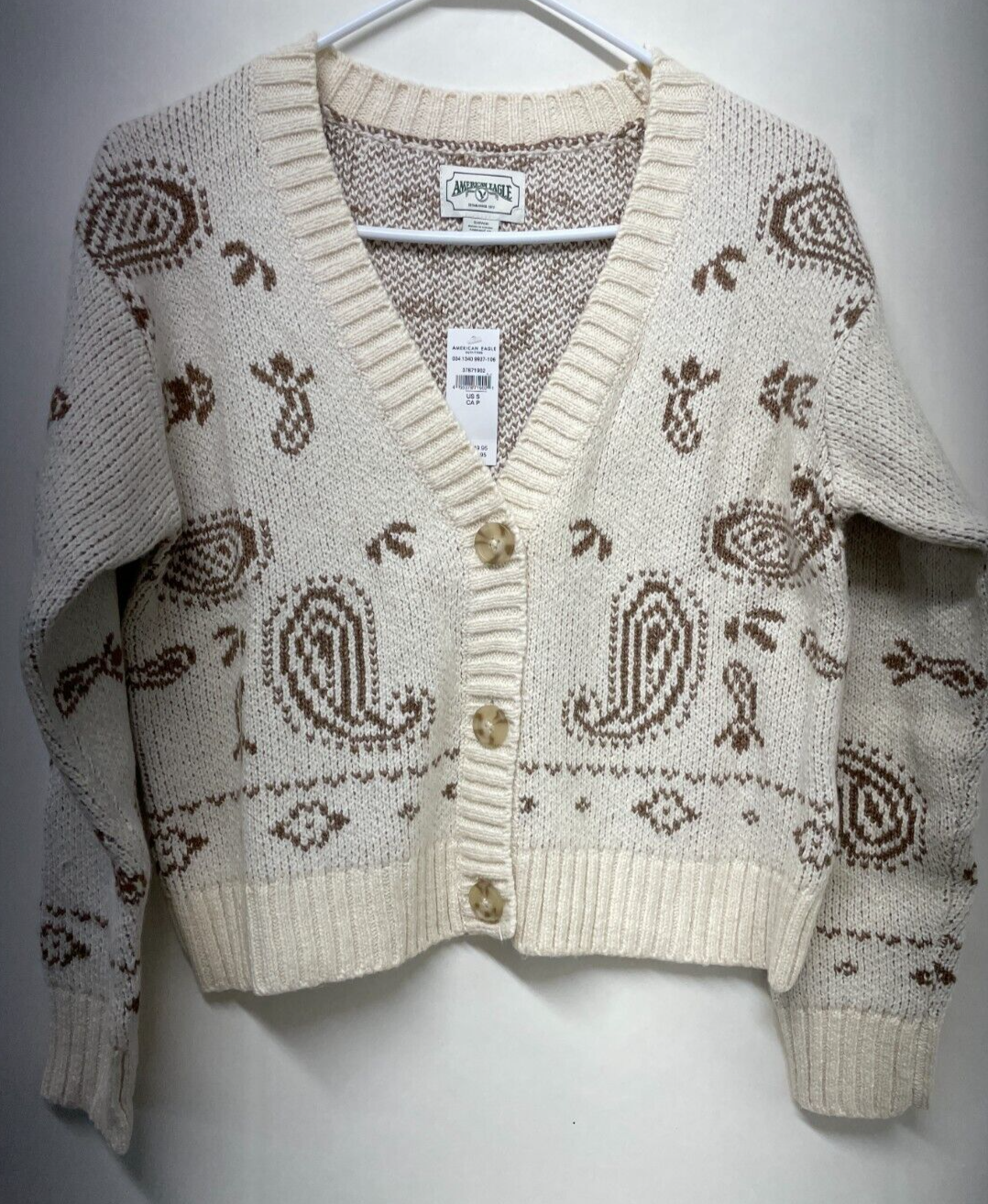 American Eagle Womens S Cropped Bandana Print Cardigan Cream Knitted Paisley