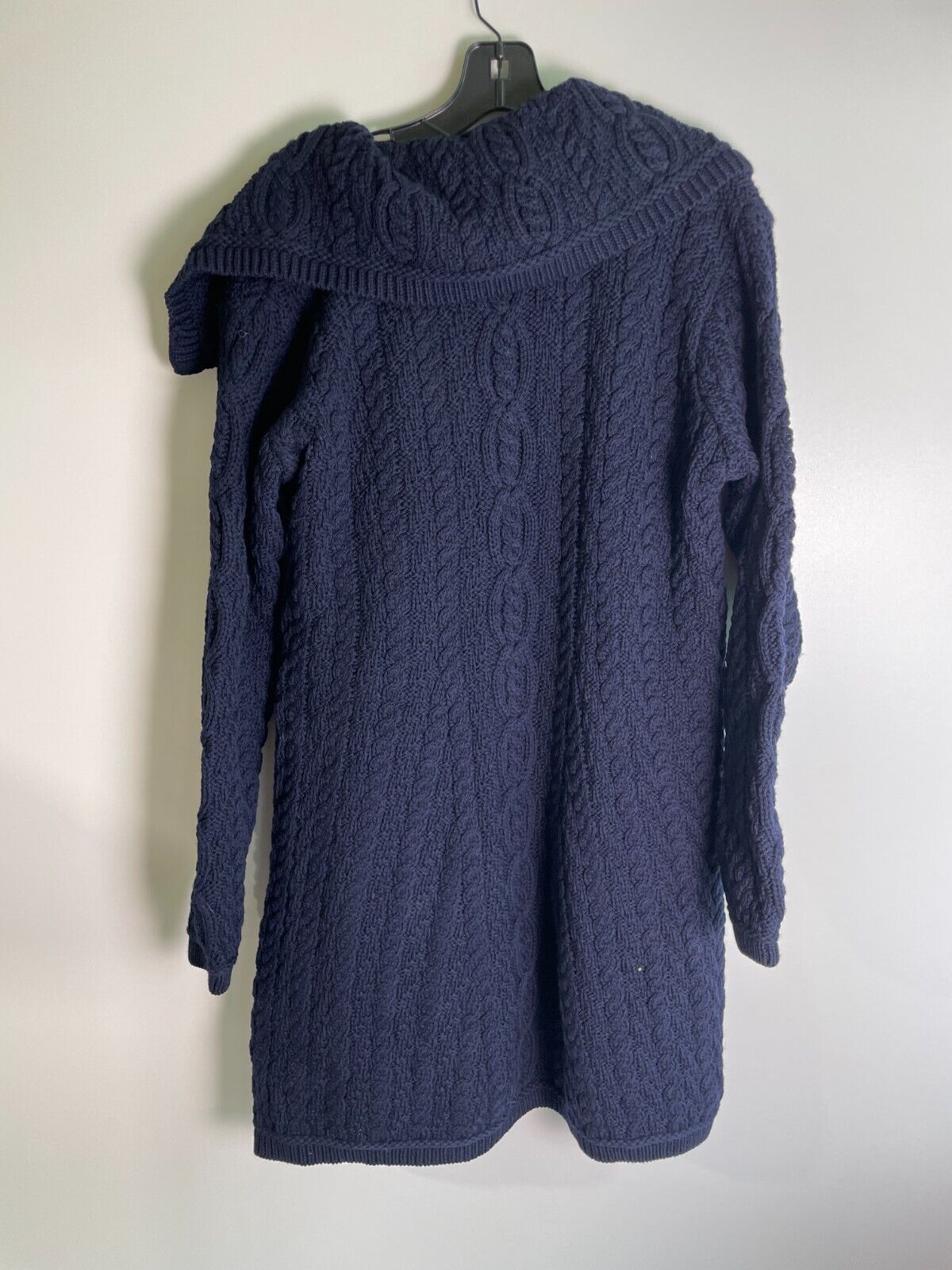 Aran Crafts Women's L Cable Knit Merino Wool Large Collar Coat Sweater Navy Blue