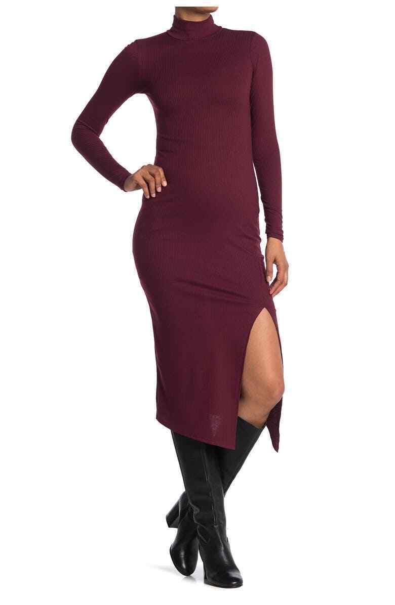 AFRM Womens Burgundy Joyce Mock Neck Midi Dress Rib High Slit Turtleneck Bodycon