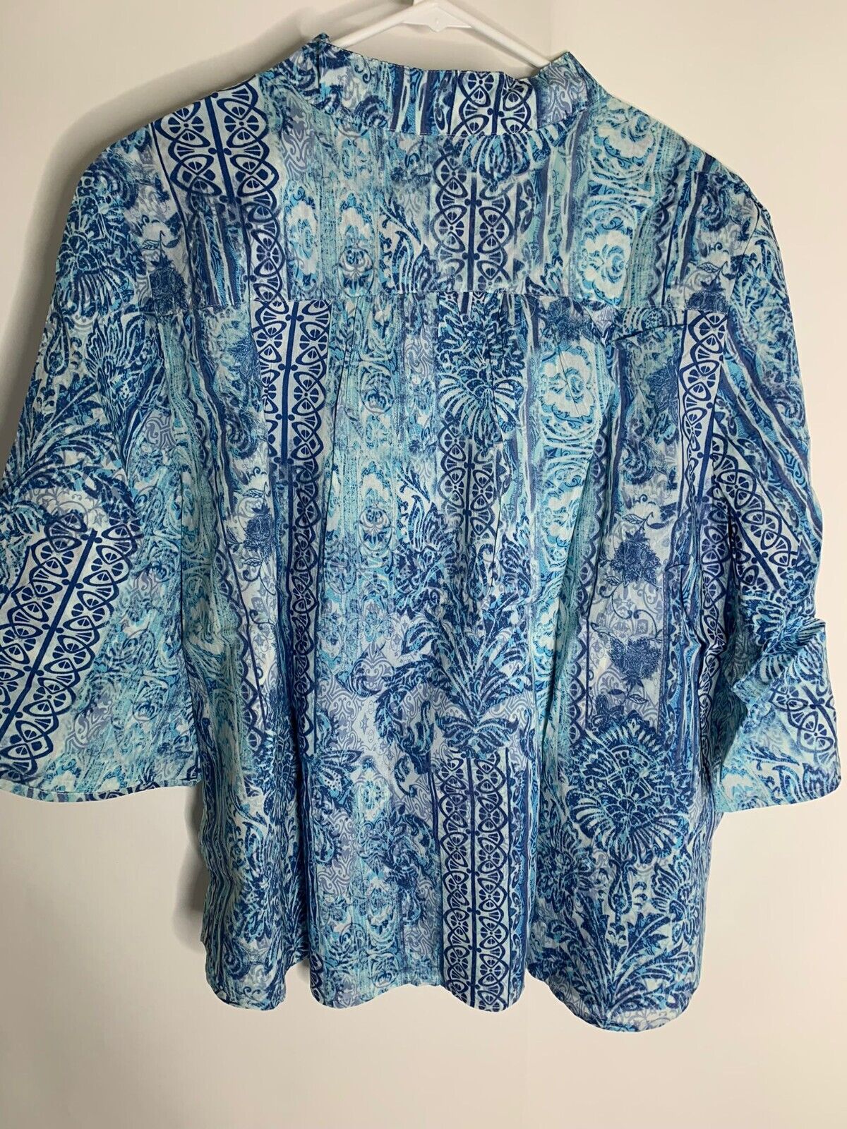 Chicos Womens 4 Voile Pullover Faded Tile Blue Flare 3/4 Sleeve Top Popover