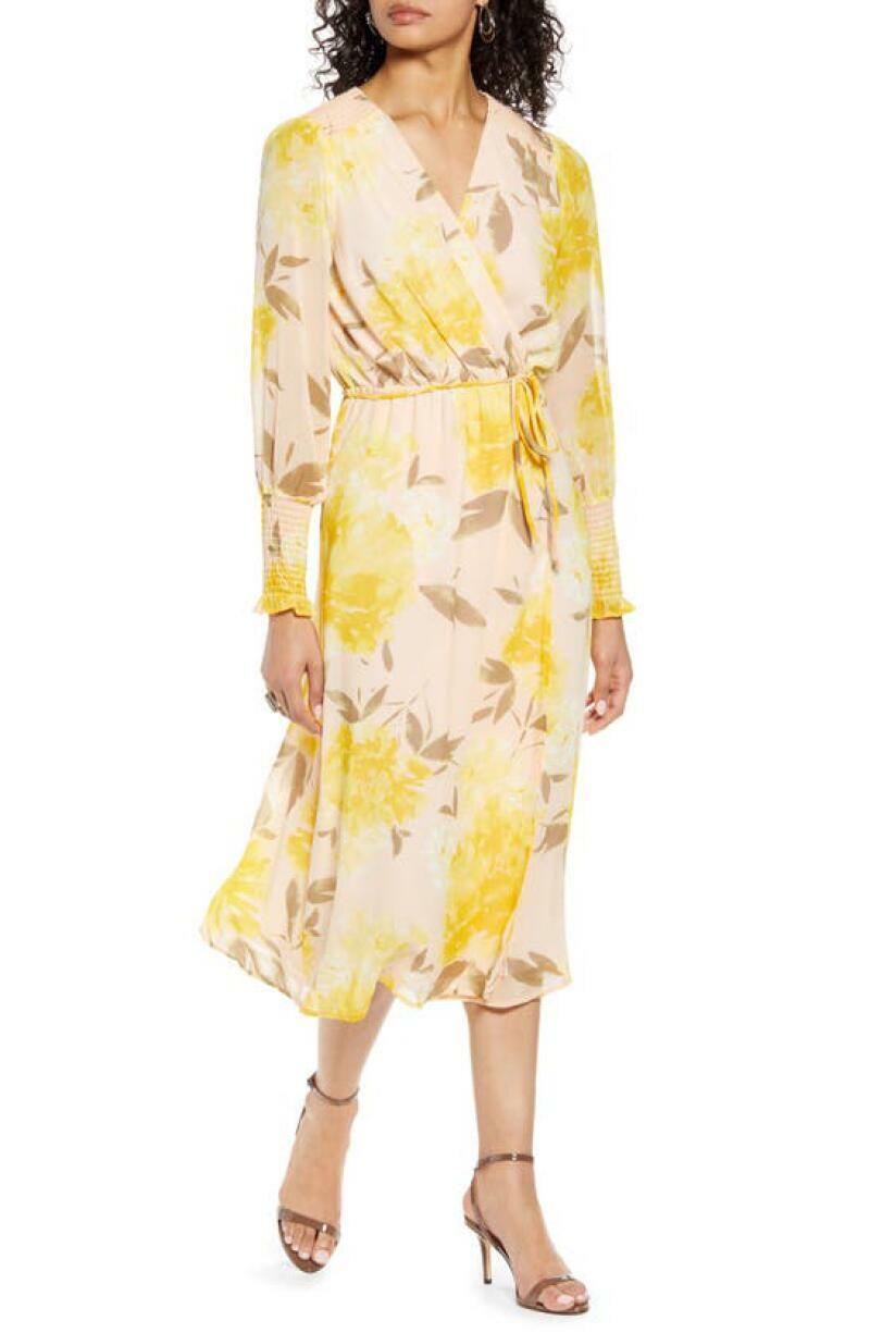 Halogen Women XS Pink Peach Floral Yellow Print Long Sleeve Faux Wrap Midi Dress