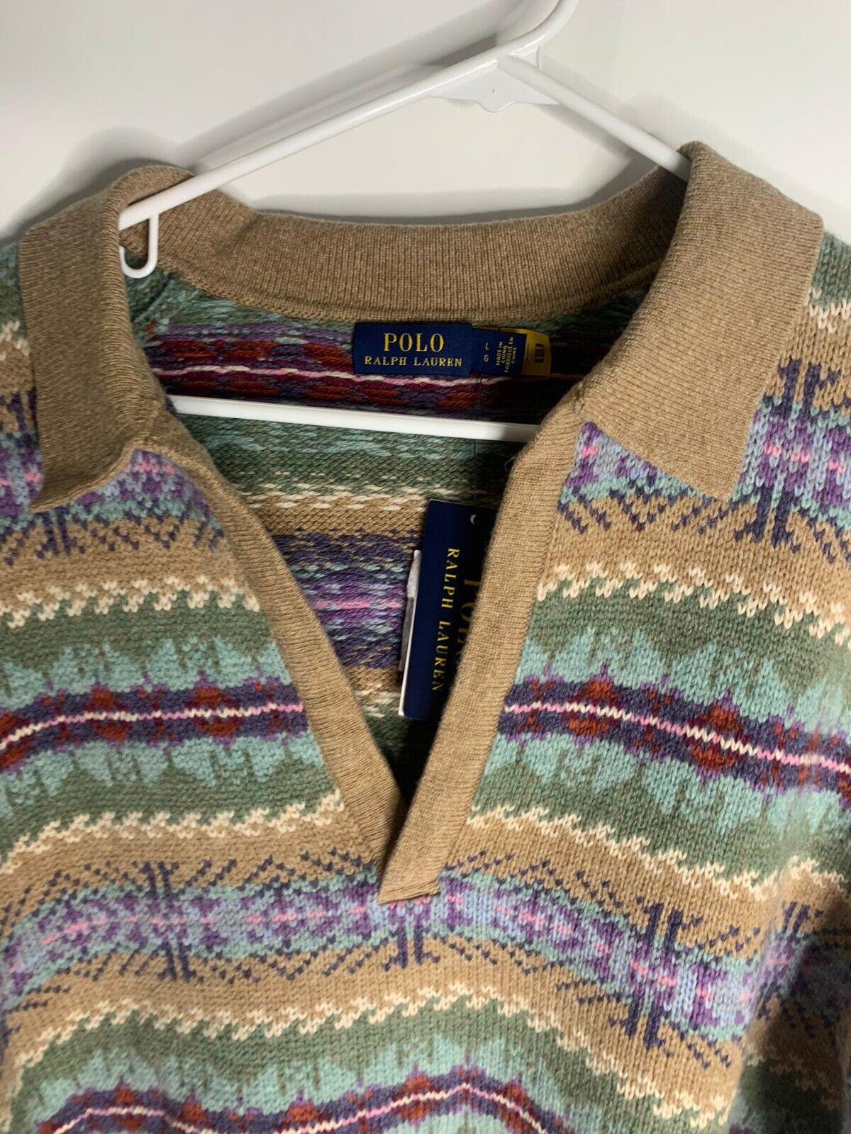 POLO RALPH LAUREN Womens L Fair Isle Wool Blend Polo Pullover Sweater V Neck