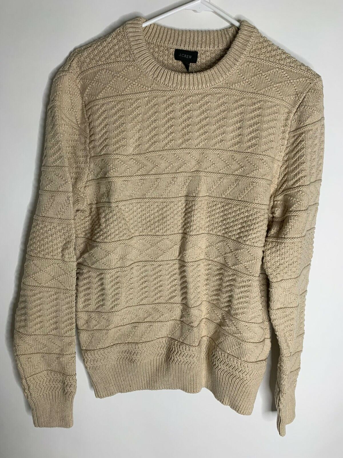 J Crew Mens M S Cotton Sweater Combination Guernsey Stitch Beige Pullover AU198