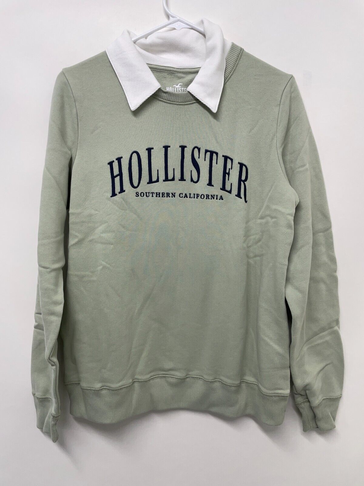 Hollister Womens M Easy Print Graphic Crew Polo Sweatshirt Green Long Sleeve