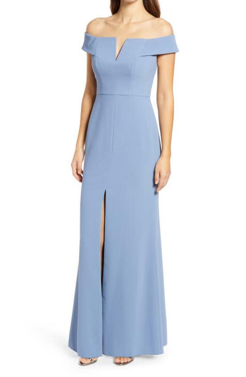 Dessy Collection Womens 18 Larkspur Blue Notched Off the Shoulder Crepe Gown