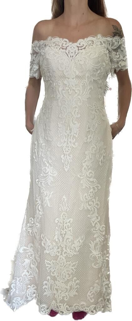 Davids Bridal Womens 10 As Is Off Shoulder Lace Sheath Wedding Dress Gown White