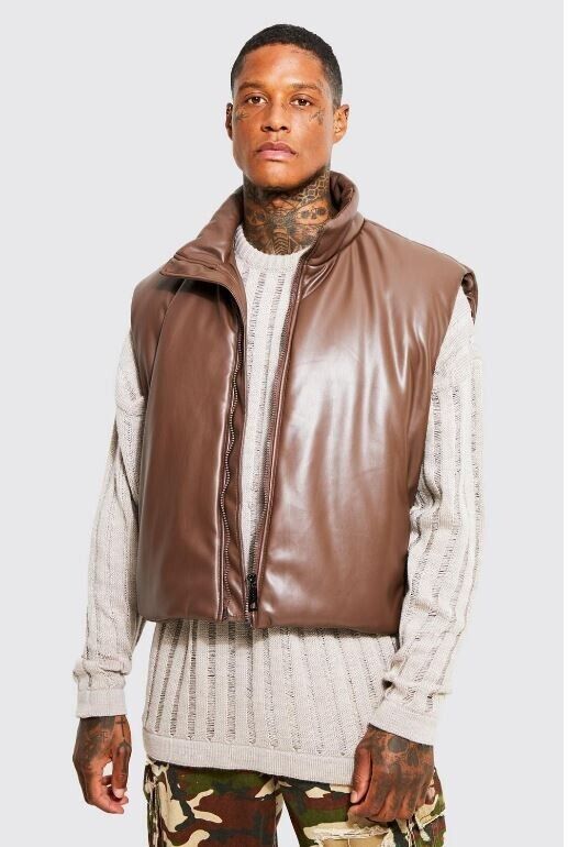 BoohooMAN Mens M PU Boxy Padded Gillet Vest Chocolate Full Zip Collared BMM21648
