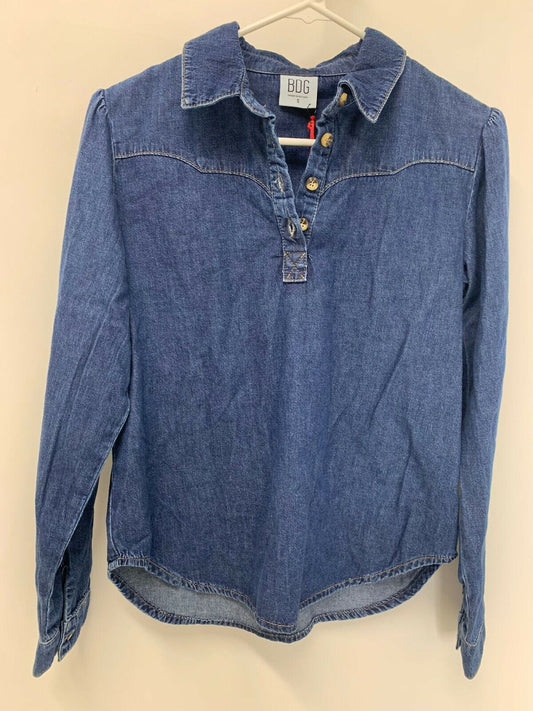 BDG Urban Outfitters Womens S Dark Wash Blue Denim Popover Shirt Top Button Down