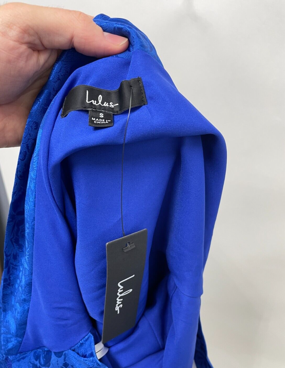Lulus Women's S Floral Jacquard Satin Midi Dress Royal Blue Cowl Neck Open Back